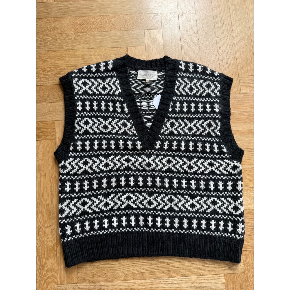 THE GREAT. Womens Alpaca Blend Fair Isle Knit Sweater Vest Black White Size 1